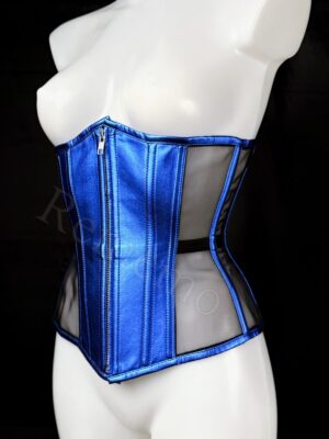 Gorset pod biust - niebieska wegańska skóra i czarna siateczka mesh [M]